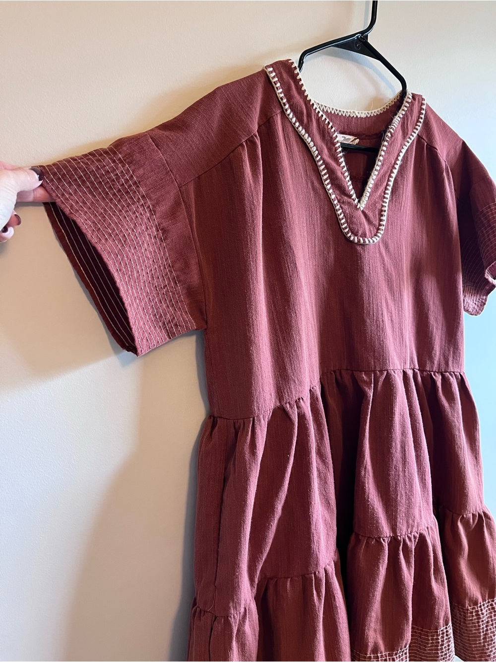 Entro Tiered Mini Dress in Terracotta with Contrast Trim - Picture 5 of 7